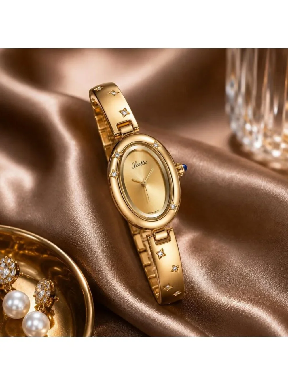 Women's White Quartz Oval Crystal Waterproof Fashion Luxury Ladies Wrist Watch